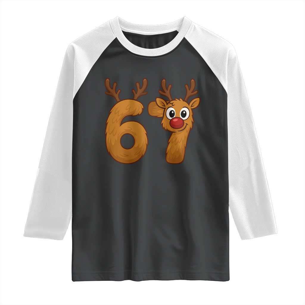 Funny 67 Christmas Reindeer Raglan Shirt Six Seven Meme Xmas Holiday - Wonder Print Shop