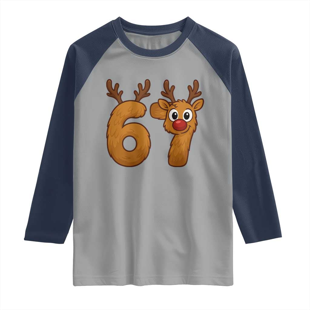 Funny 67 Christmas Reindeer Raglan Shirt Six Seven Meme Xmas Holiday - Wonder Print Shop