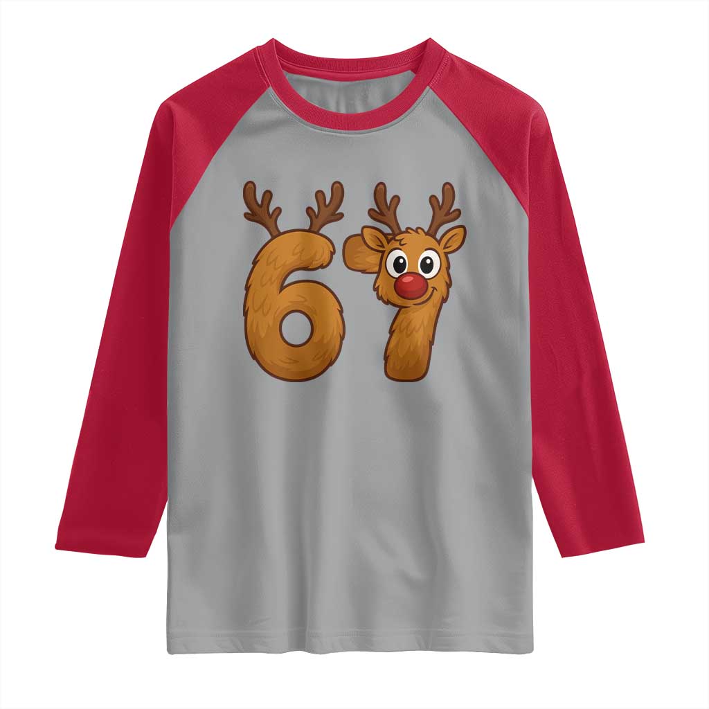 Funny 67 Christmas Reindeer Raglan Shirt Six Seven Meme Xmas Holiday - Wonder Print Shop