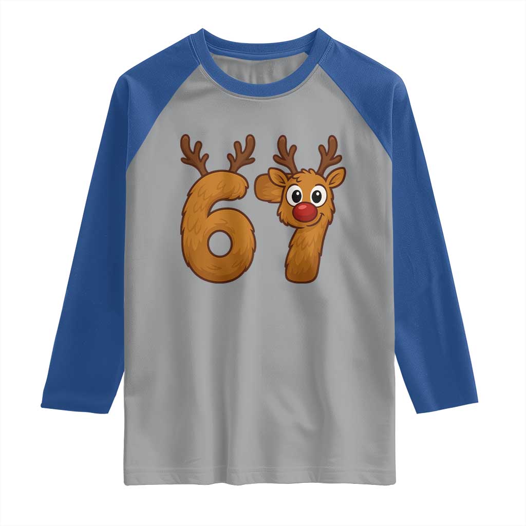 Funny 67 Christmas Reindeer Raglan Shirt Six Seven Meme Xmas Holiday - Wonder Print Shop