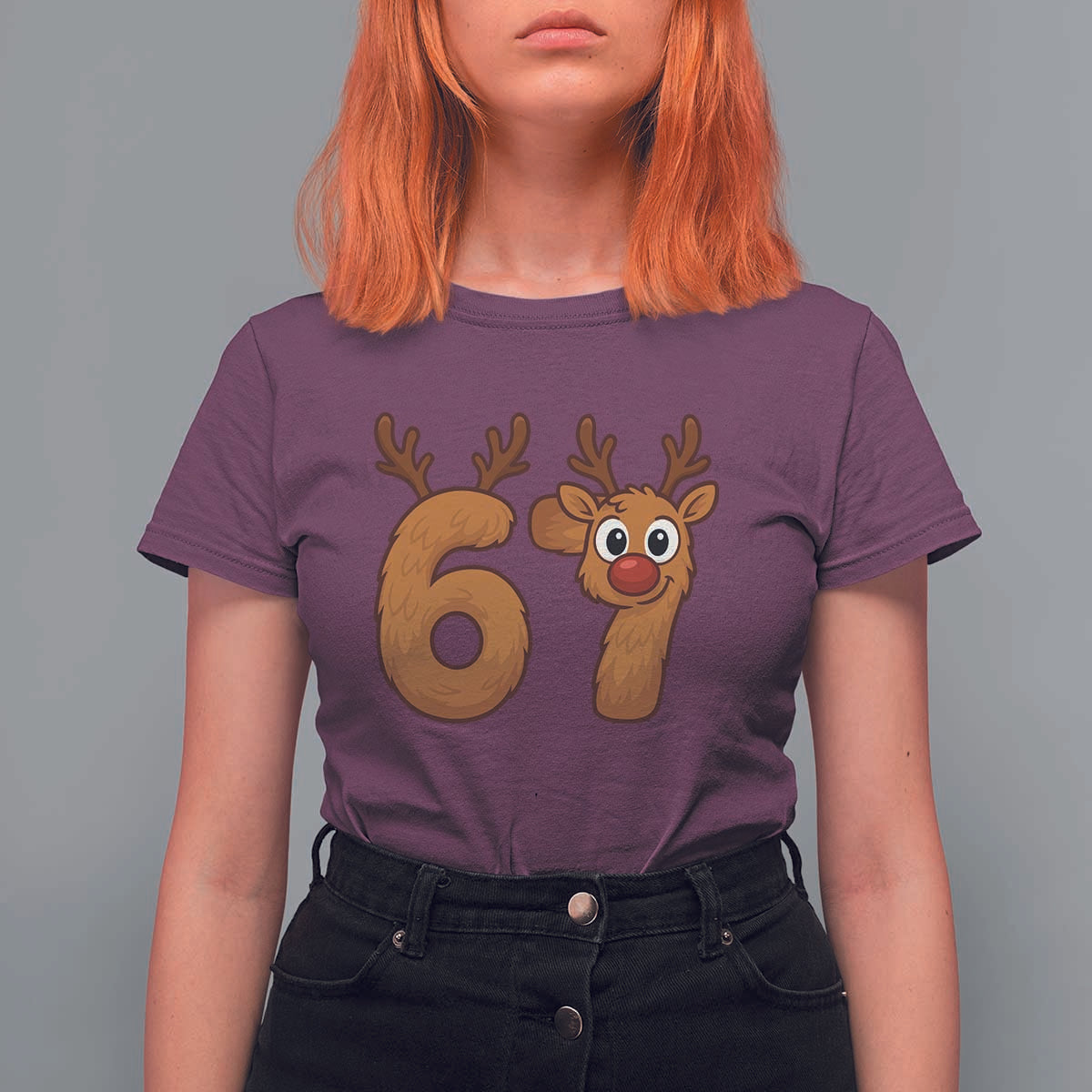 Funny 67 Christmas Reindeer T Shirt For Women Six Seven Meme Xmas Holiday - Wonder Print Shop