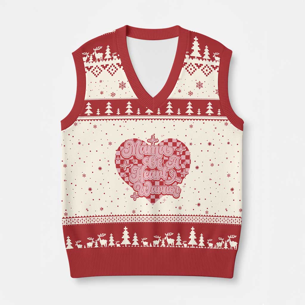 Mama Of A Heart Warrior V-Neck Knit Sweater Vest CHD Awareness Retro Red Checkered Heart