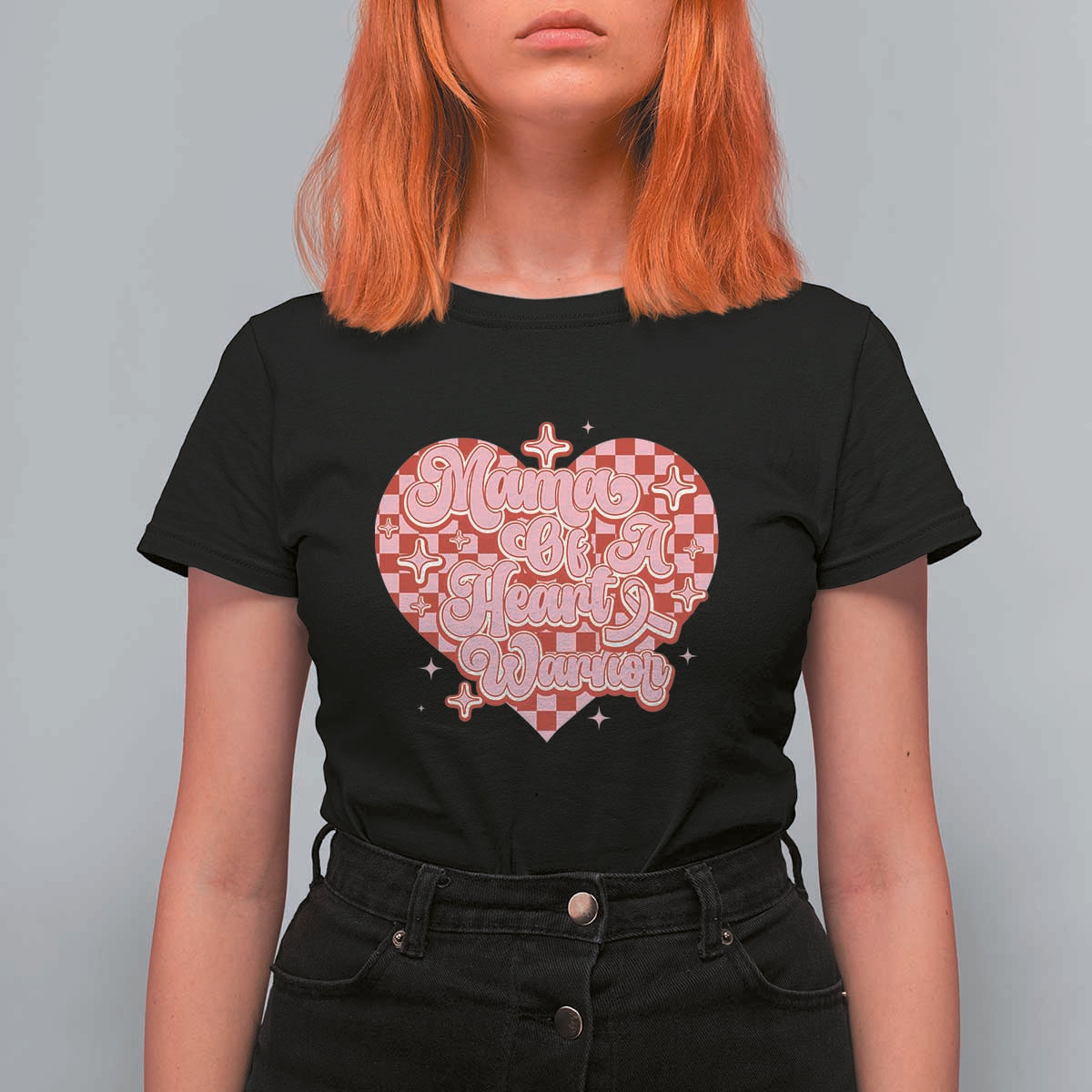 Mama Of A Heart Warrior T Shirt For Women CHD Awareness Retro Red Checkered Heart