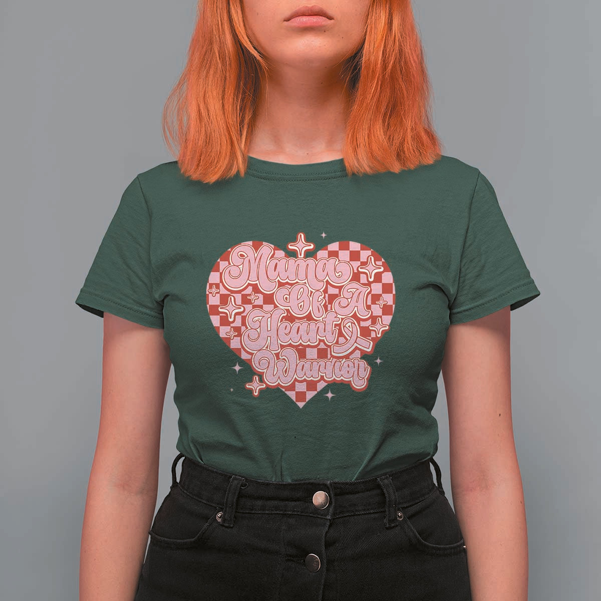 Mama Of A Heart Warrior T Shirt For Women CHD Awareness Retro Red Checkered Heart