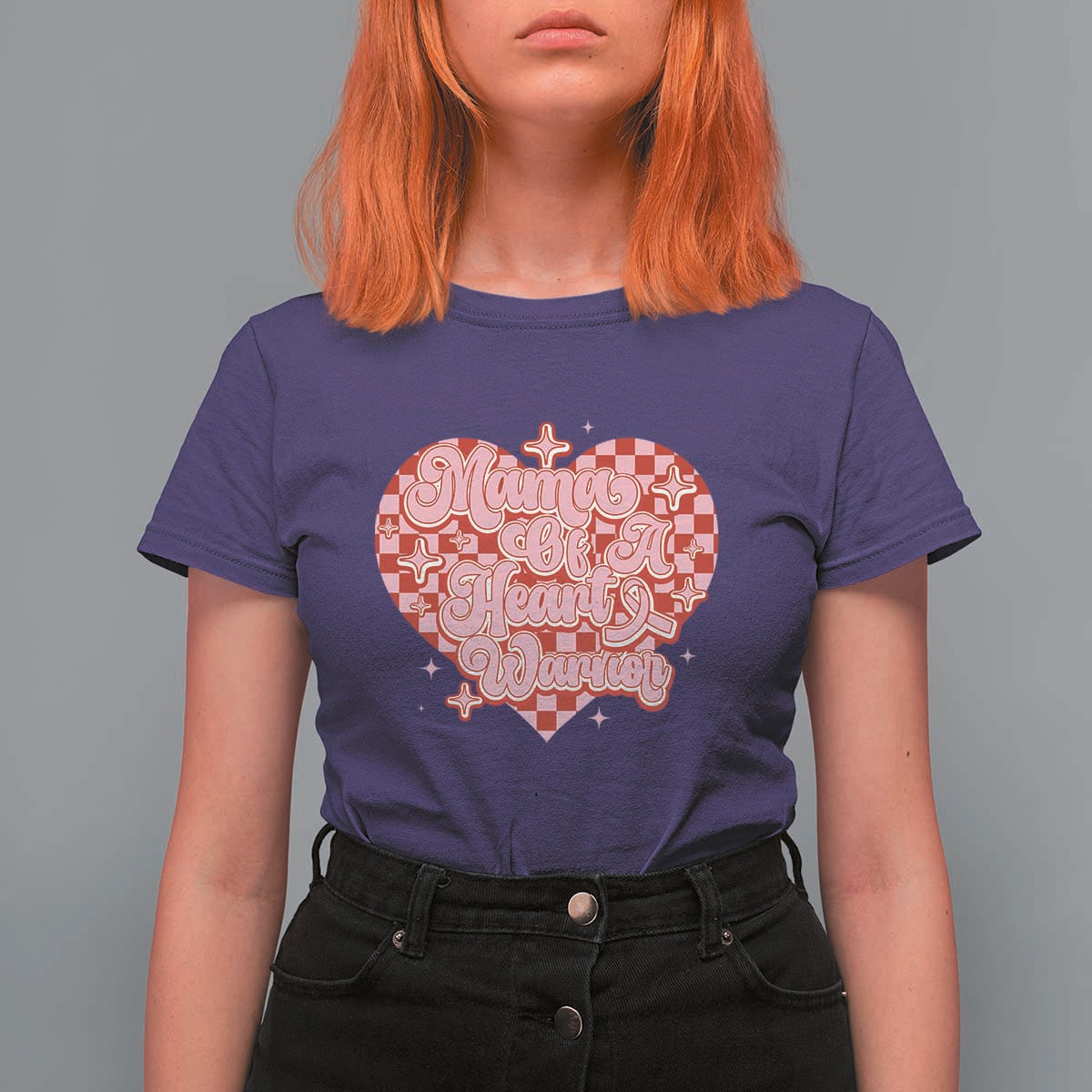 Mama Of A Heart Warrior T Shirt For Women CHD Awareness Retro Red Checkered Heart