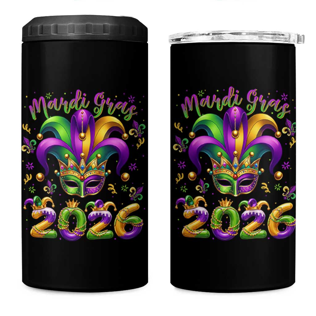 Mardi Gras 2026 4 in 1 Can Cooler Tumbler Funny Jester Hat Carnival Fleur De Lis