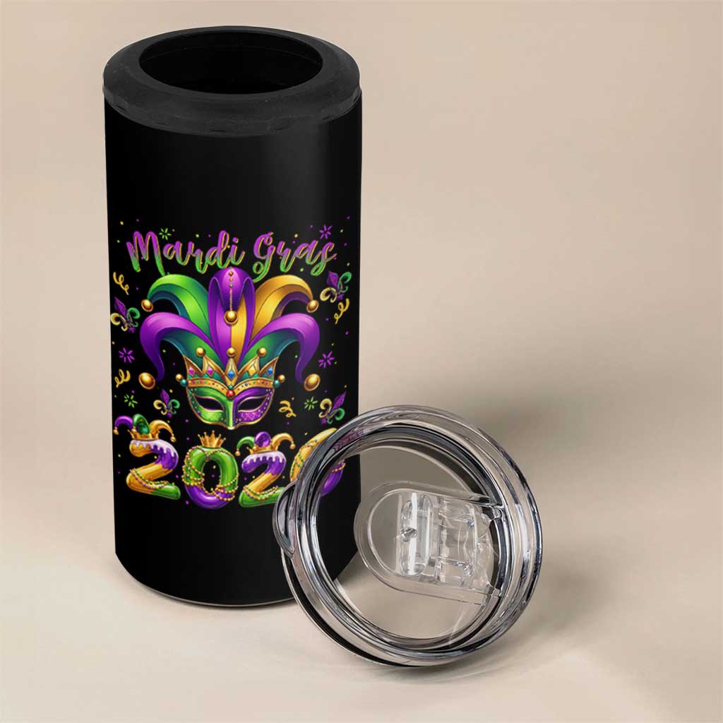 Mardi Gras 2026 4 in 1 Can Cooler Tumbler Funny Jester Hat Carnival Fleur De Lis