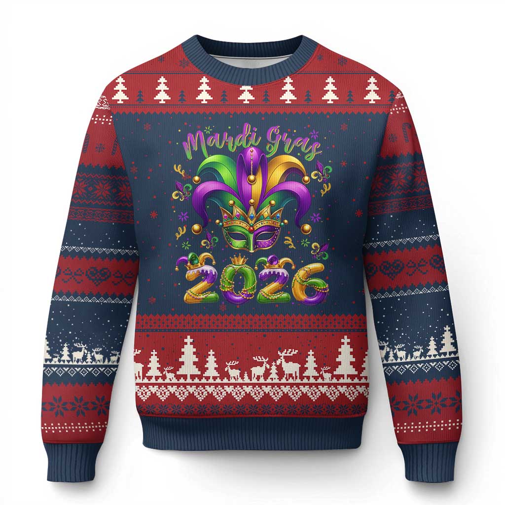 Mardi Gras 2026 Ugly Christmas Sweater Funny Jester Hat Carnival Fleur De Lis