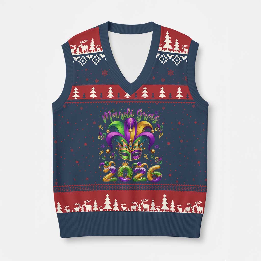 Mardi Gras 2026 V-Neck Knit Sweater Vest Funny Jester Hat Carnival Fleur De Lis