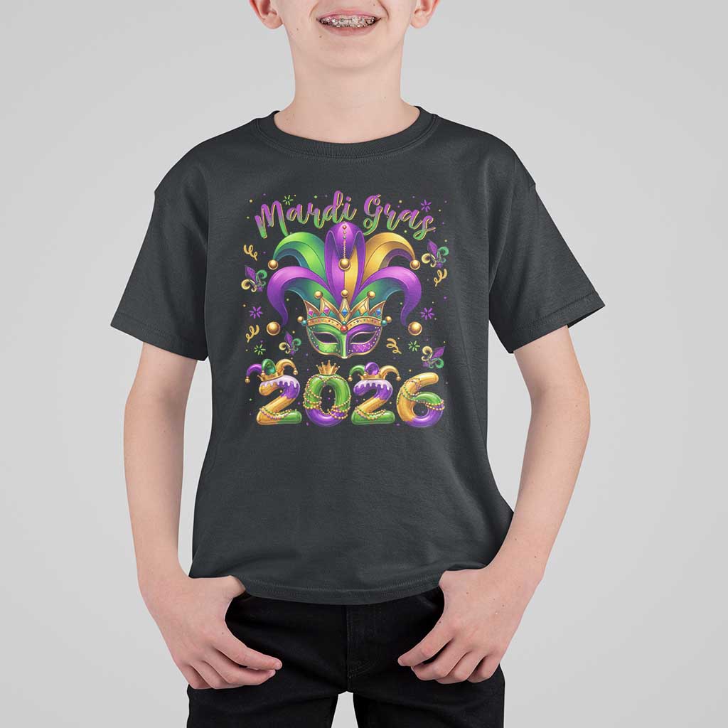Mardi Gras 2026 T Shirt For Kid Funny Jester Hat Carnival Fleur De Lis