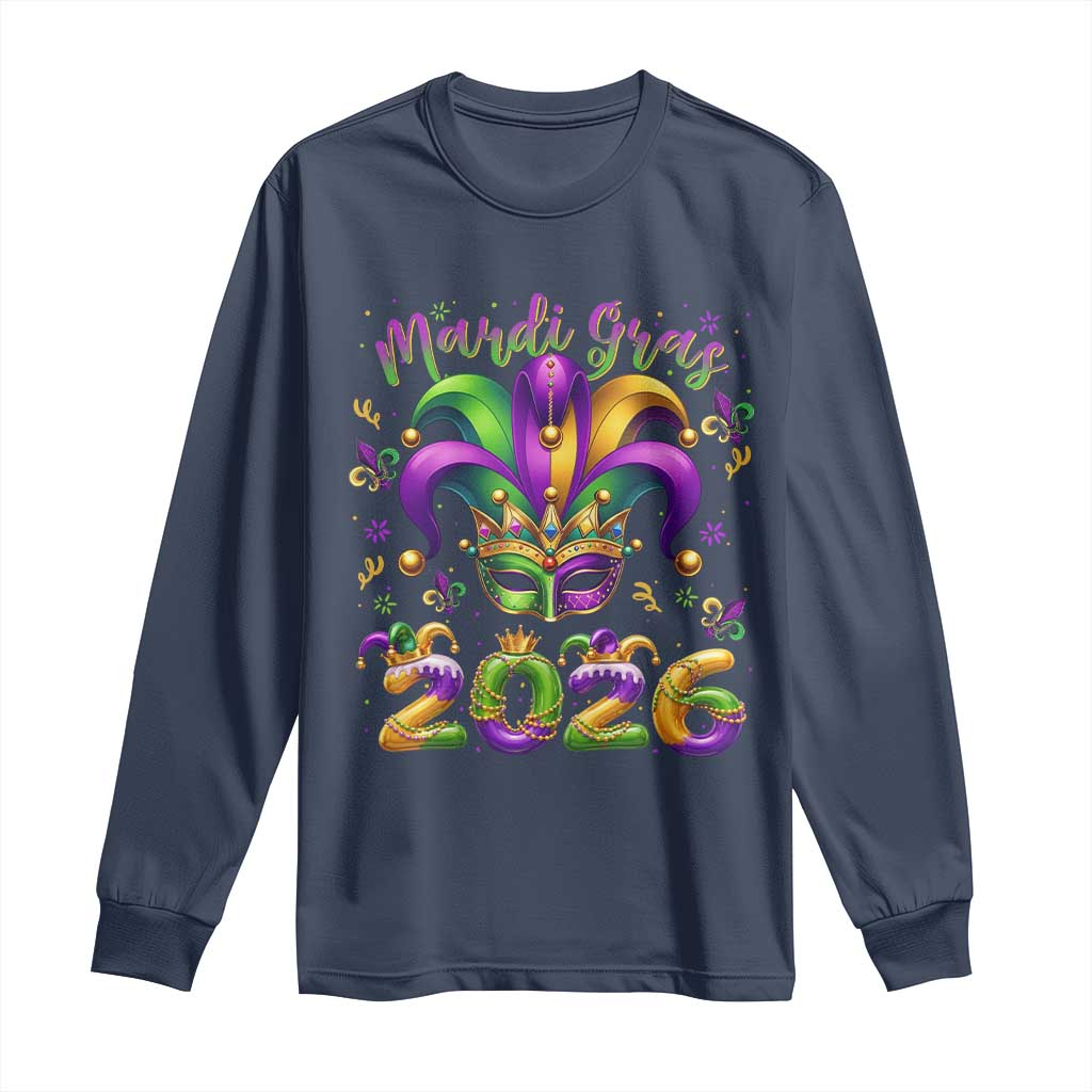 Mardi Gras 2026 Long Sleeve Shirt Funny Jester Hat Carnival Fleur De Lis