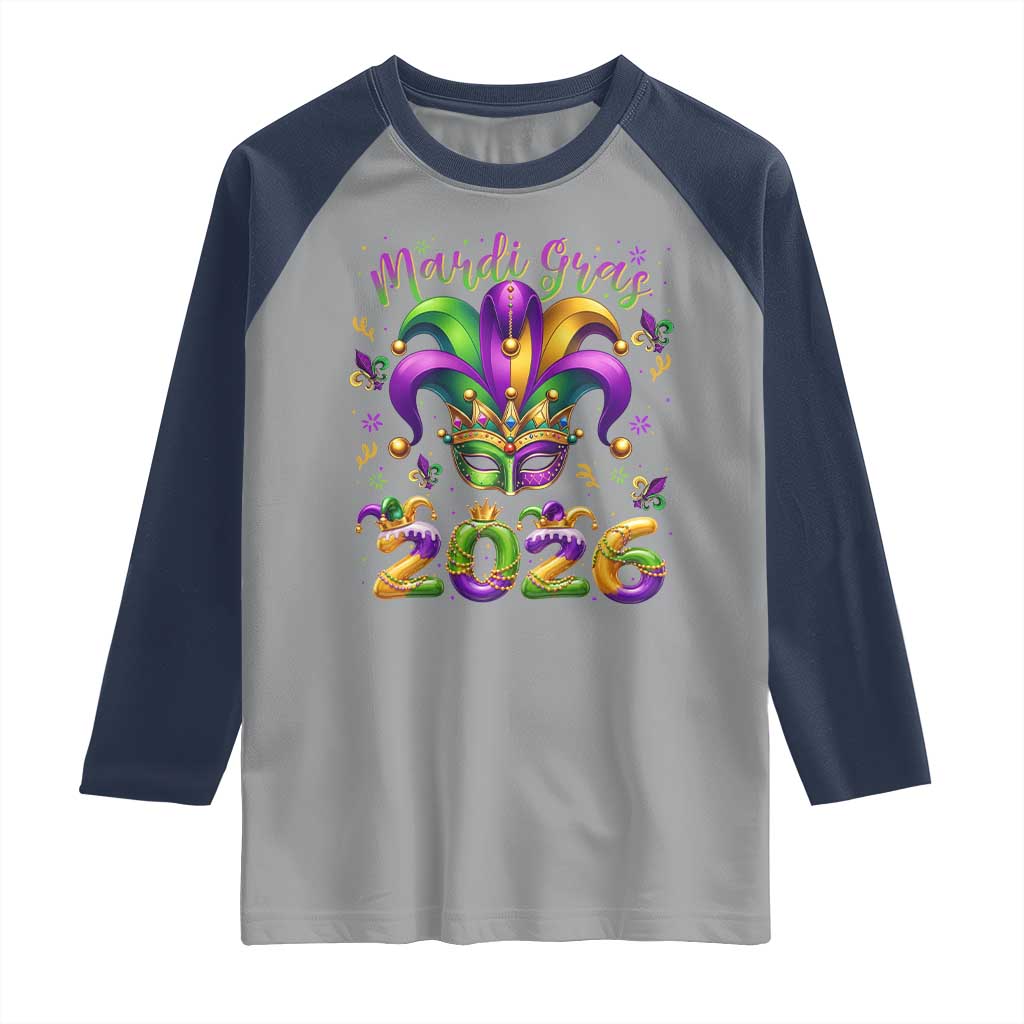 Mardi Gras 2026 Raglan Shirt Funny Jester Hat Carnival Fleur De Lis