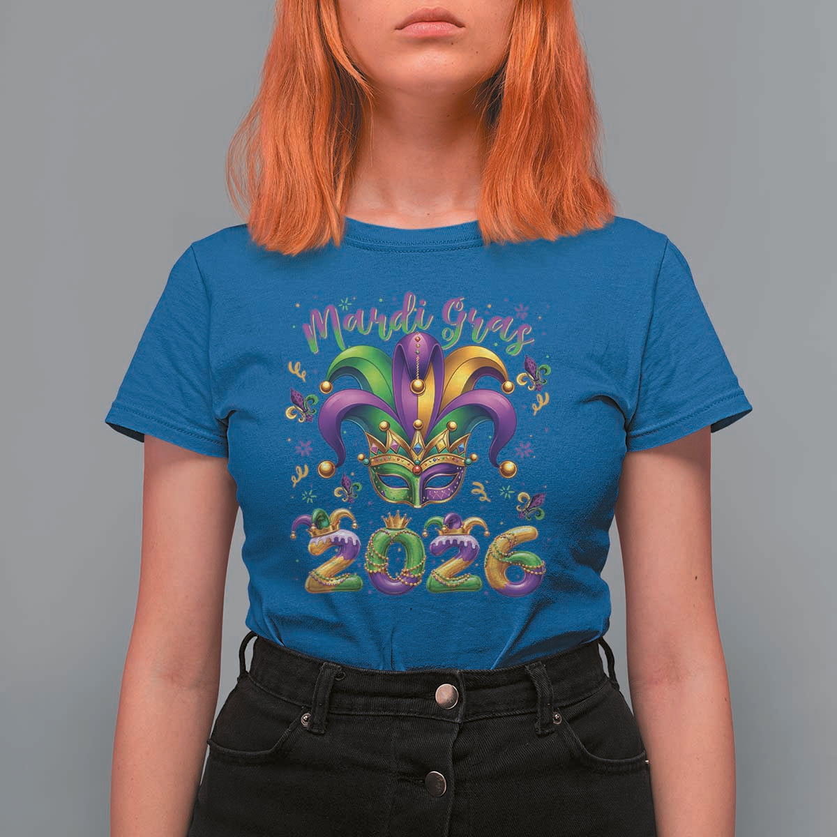 Mardi Gras 2026 T Shirt For Women Funny Jester Hat Carnival Fleur De Lis