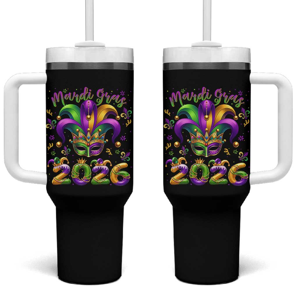 Mardi Gras 2026 Tumbler With Handle Funny Jester Hat Carnival Fleur De Lis