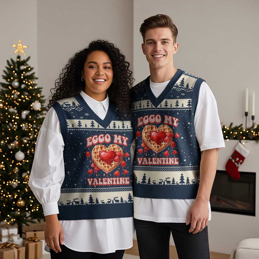 Eggo My Valentine V-Neck Knit Sweater Vest Funny Romantic Stranger Valentine's Day