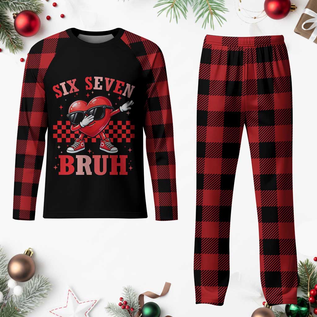 Funny Six Seven Bruh Valentines Day Plaid Pajama Set Six Seven Dabbing Heart