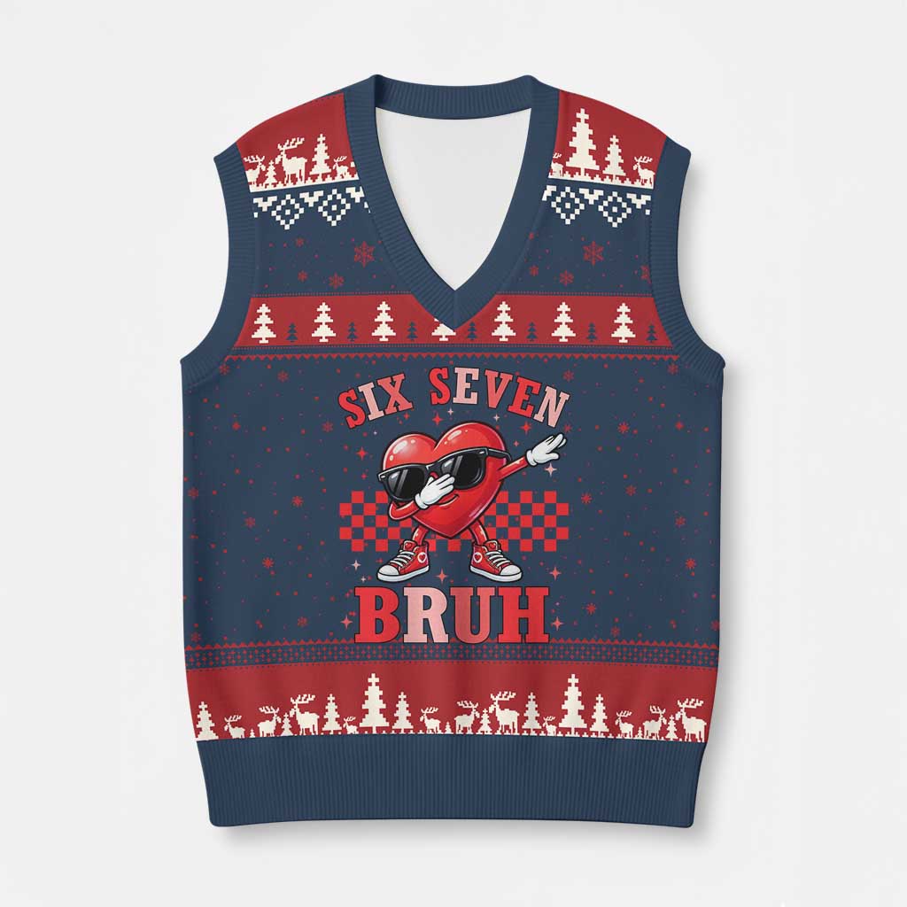 Funny Six Seven Bruh Valentines Day V-Neck Knit Sweater Vest Six Seven Dabbing Heart