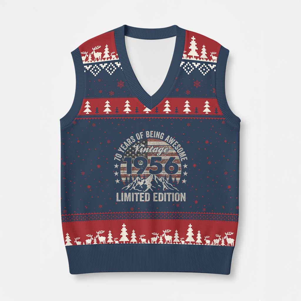70th Birthday Made In 1956 Limited Edition V-Neck Knit Sweater Vest 70 Years Of Being Awesome American Flag