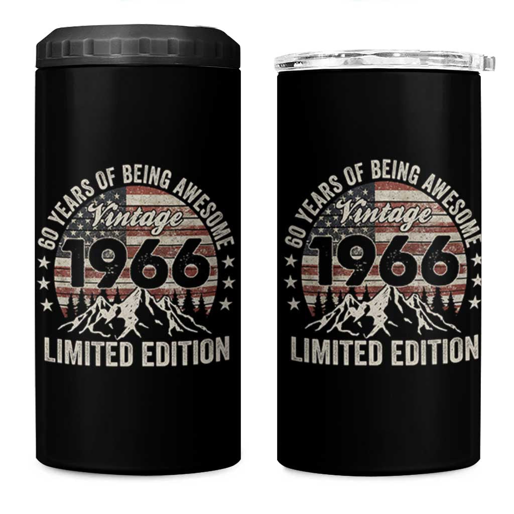 60th Birthday Vintage 1966 Limited Edition 4 in 1 Can Cooler Tumbler 60 Years Of Being Awesome American Flag