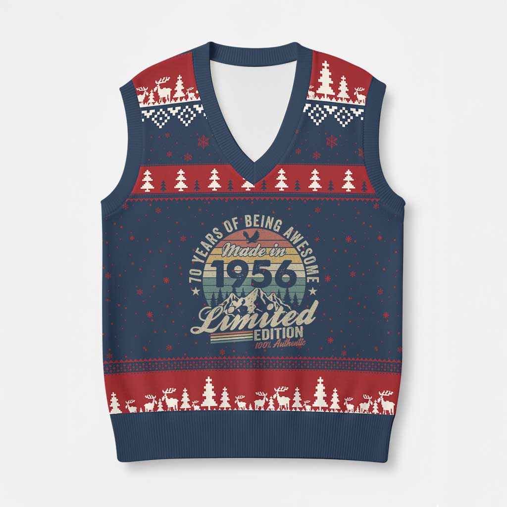 70th Birthday Made In 1956 V-Neck Knit Sweater Vest 70 Years Of Being Awesome Vintage Limited Edition