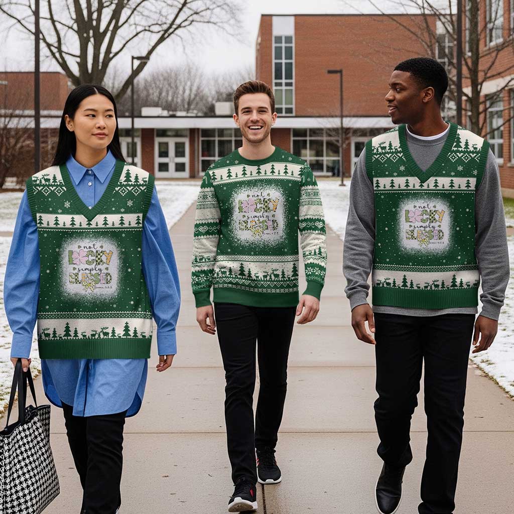 Not Lucky Simply Blessed V-Neck Knit Sweater Vest Blessed Christian Shamrocks St Patricks Day - Wonder Print Shop
