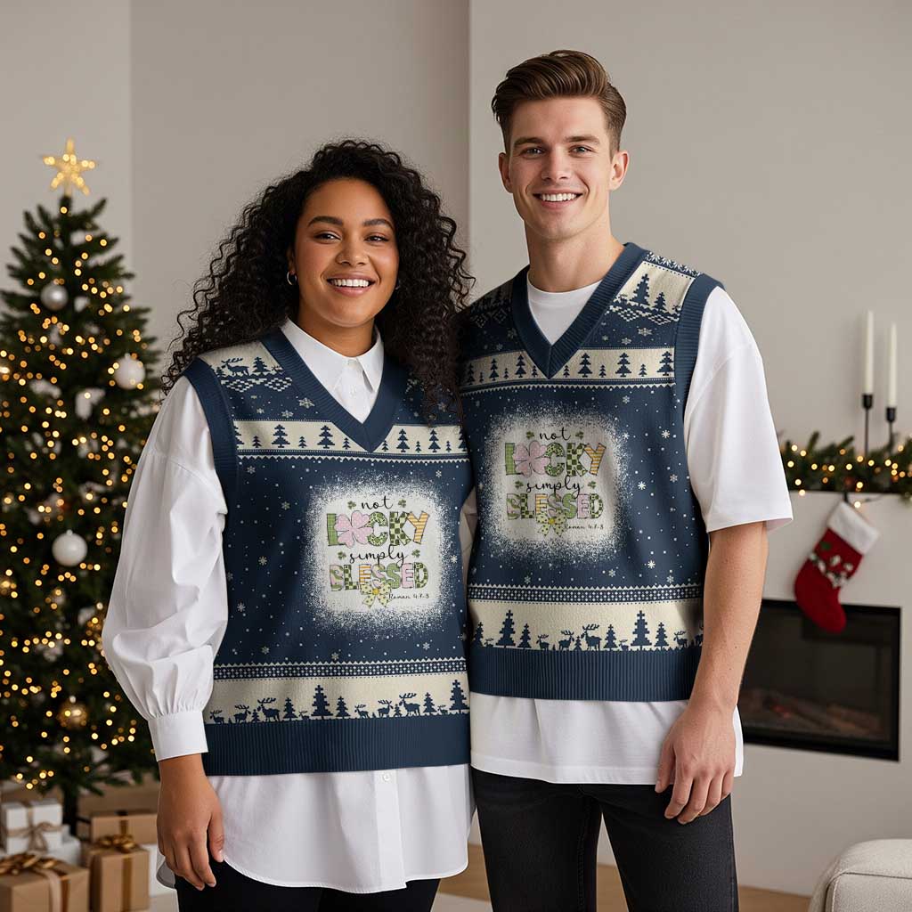 Not Lucky Simply Blessed V-Neck Knit Sweater Vest Blessed Christian Shamrocks St Patricks Day - Wonder Print Shop