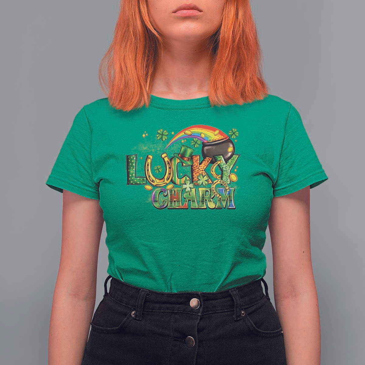 Funny St Patrick's Day Lucky Charm T Shirt For Women Rainbow Gold Pot Clover