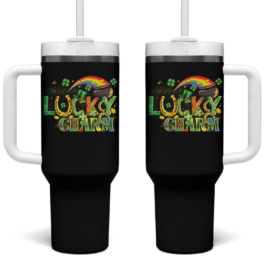 Funny St Patrick's Day Lucky Charm Tumbler With Handle Rainbow Gold Pot Clover