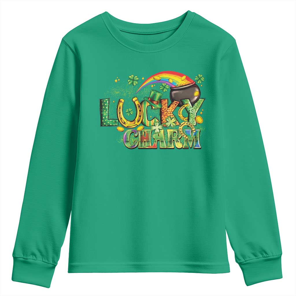 Funny St Patrick's Day Lucky Charm Youth Sweatshirt Rainbow Gold Pot Clover