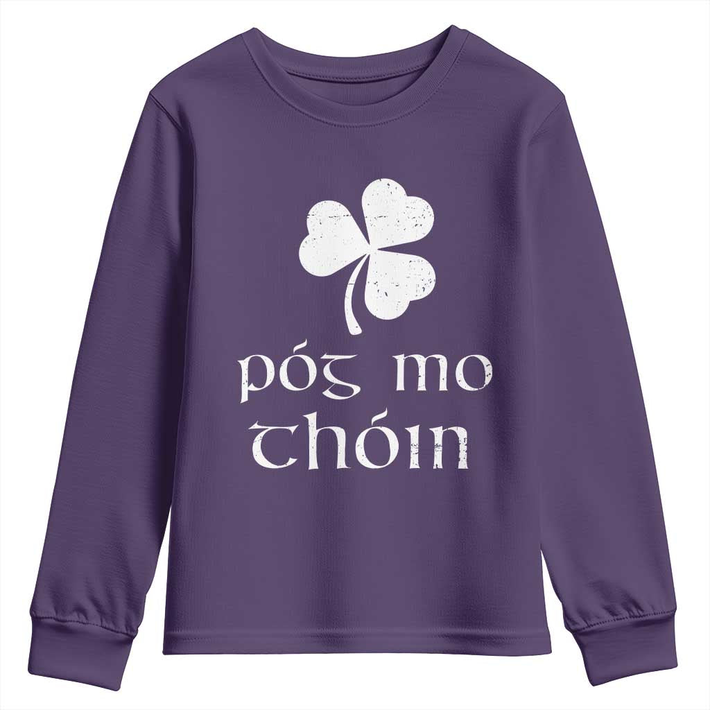 Funny Irish Pog Mo Thoin Youth Sweatshirt St Patrick's Day Gaelic Saying Shamrock