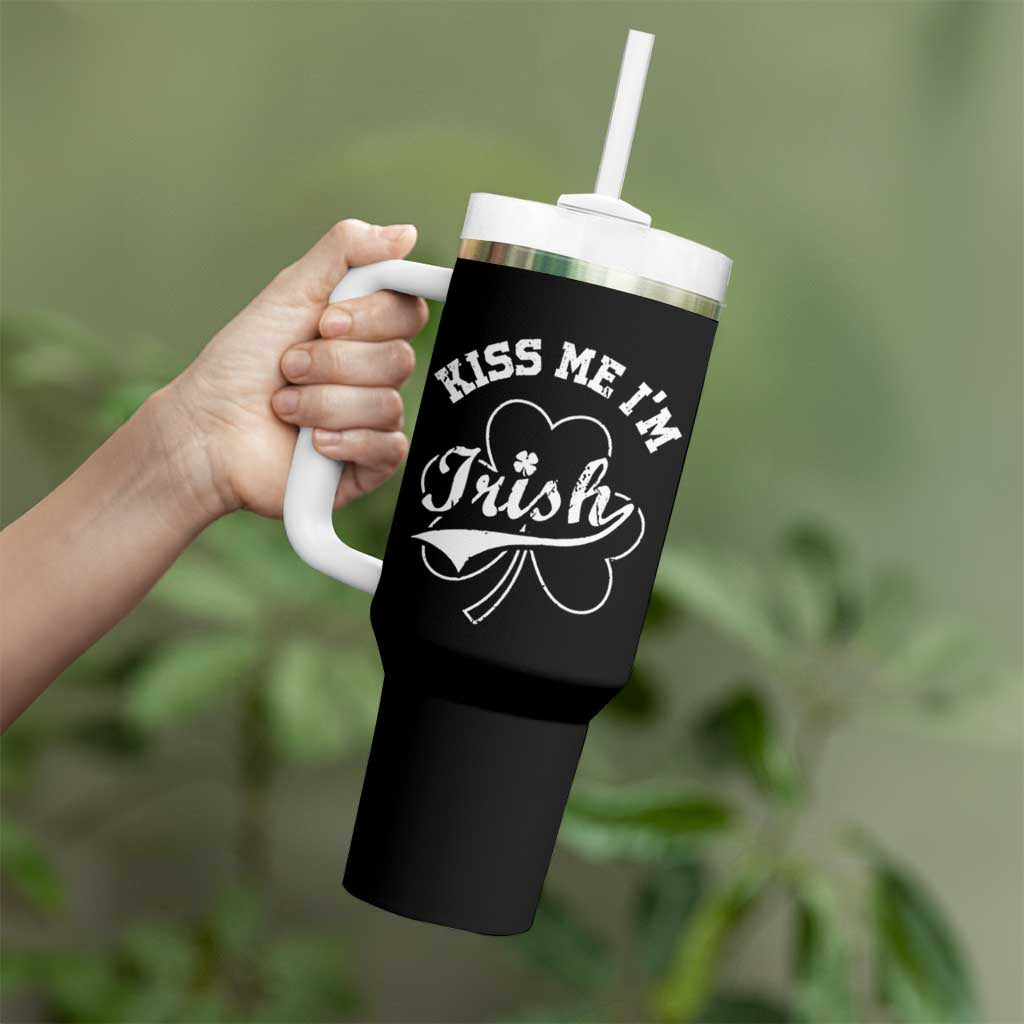 Funny Kiss Me I'm Irish St Patricks Day Tumbler With Handle Vintage Shamrock