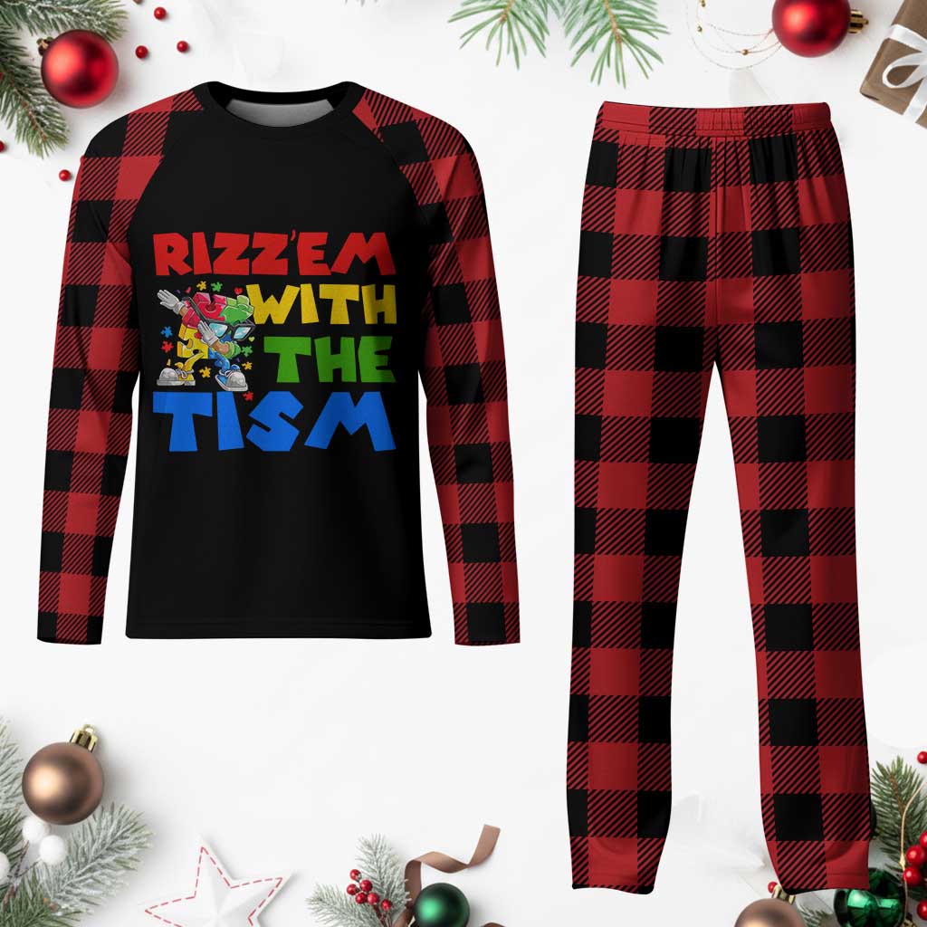 Funny Rizz Em With The Tism Plaid Pajama Set Autism Awareness Dabbing Puzzle