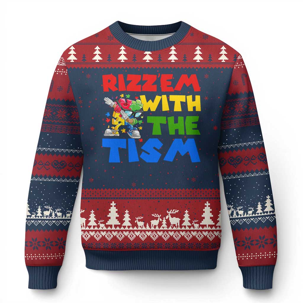 Funny Rizz Em With The Tism Ugly Christmas Sweater Autism Awareness Dabbing Puzzle