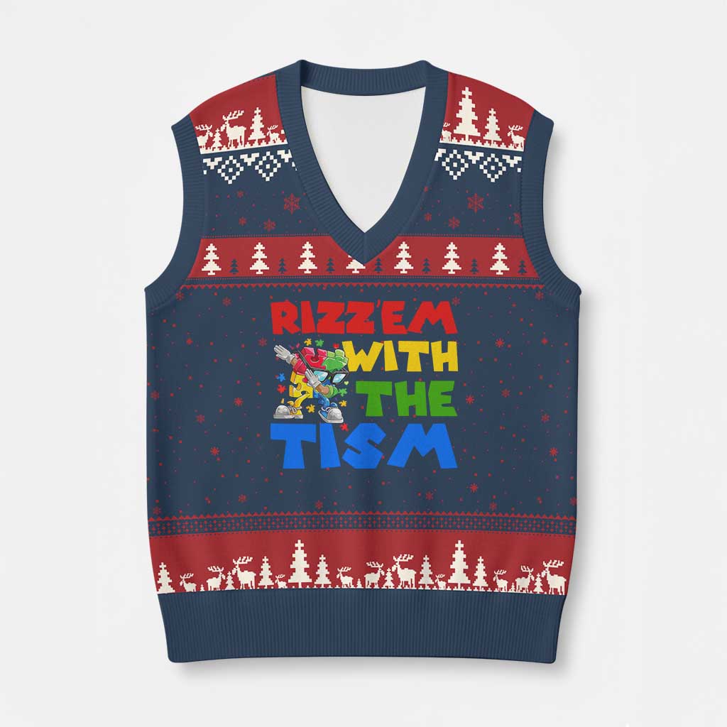 Funny Rizz Em With The Tism V-Neck Knit Sweater Vest Autism Awareness Dabbing Puzzle
