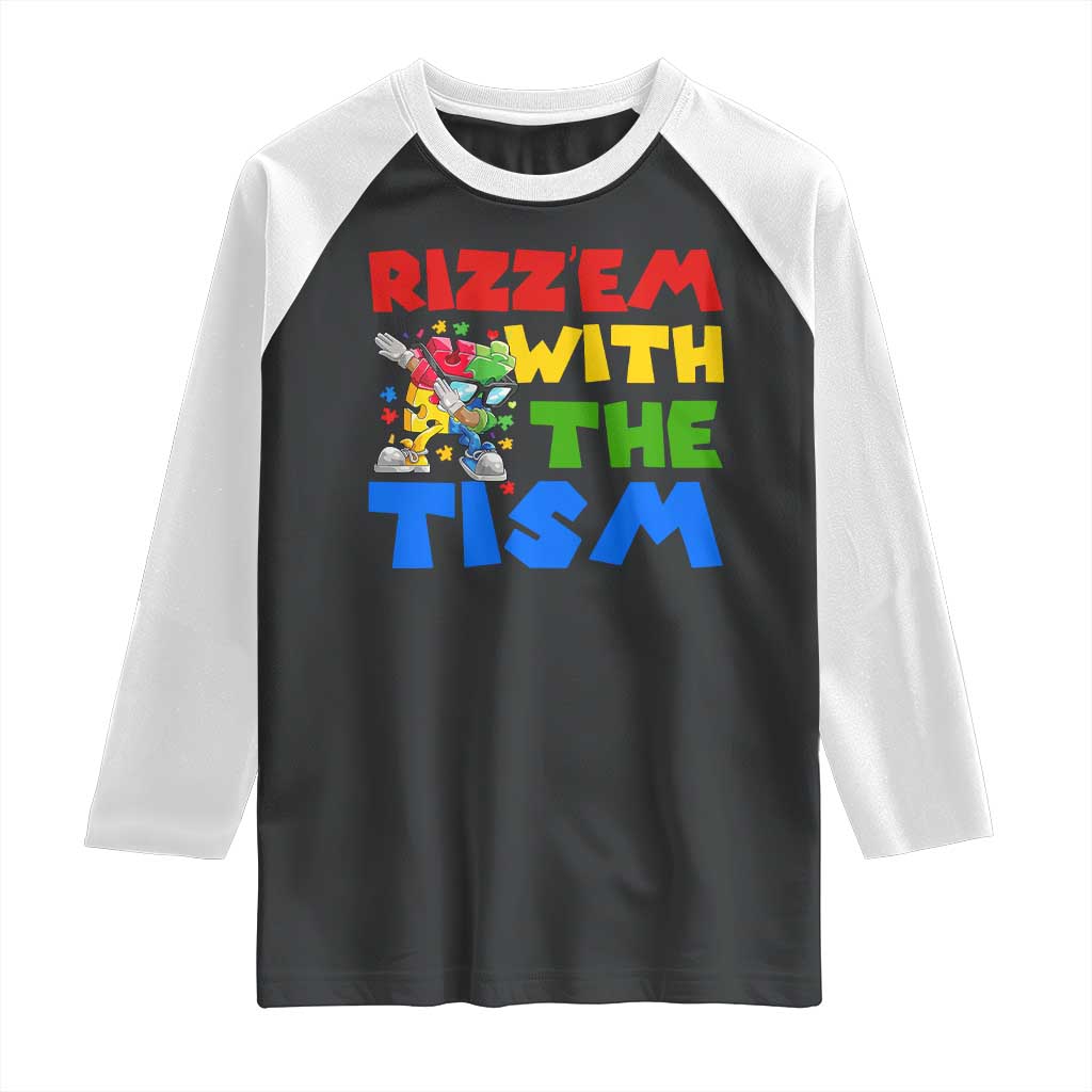 Funny Rizz Em With The Tism Raglan Shirt Autism Awareness Dabbing Puzzle