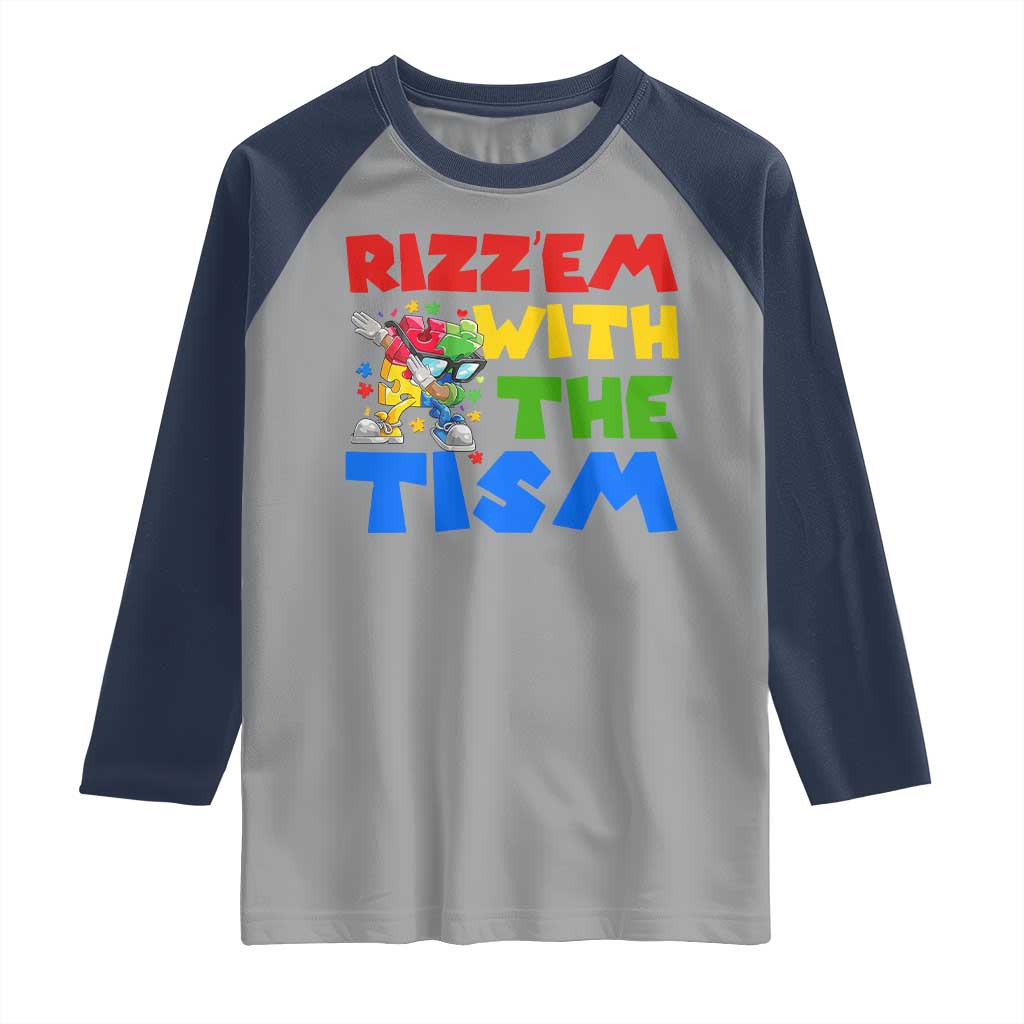 Funny Rizz Em With The Tism Raglan Shirt Autism Awareness Dabbing Puzzle