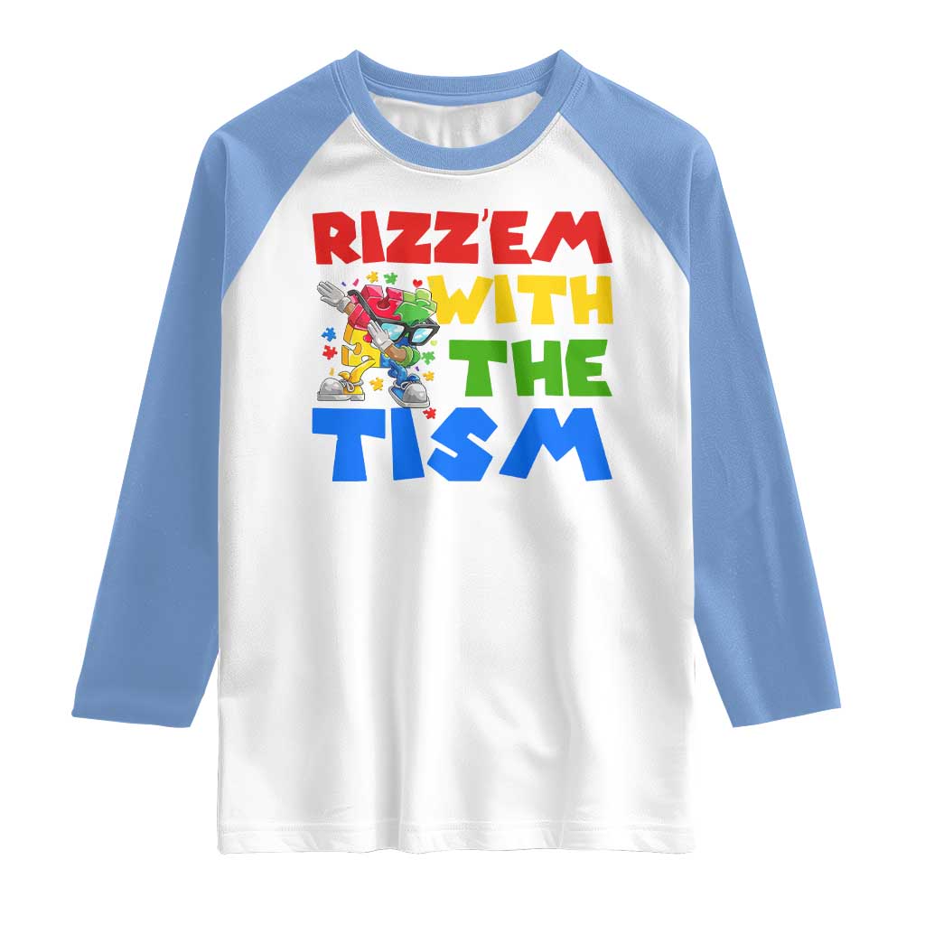Funny Rizz Em With The Tism Raglan Shirt Autism Awareness Dabbing Puzzle