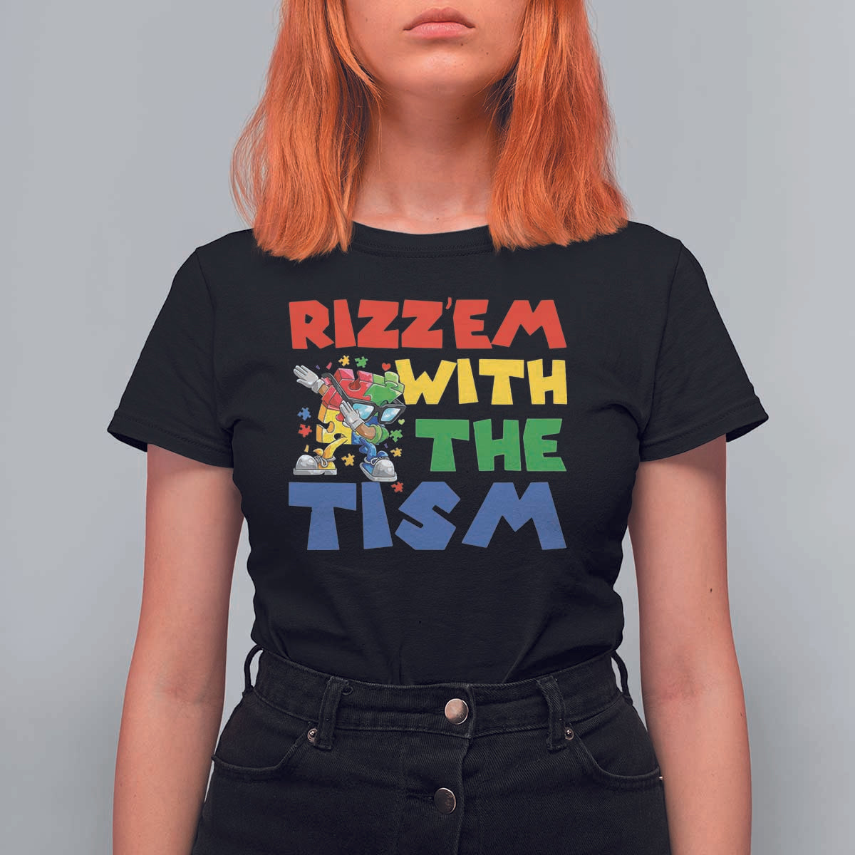 Funny Rizz Em With The Tism T Shirt For Women Autism Awareness Dabbing Puzzle