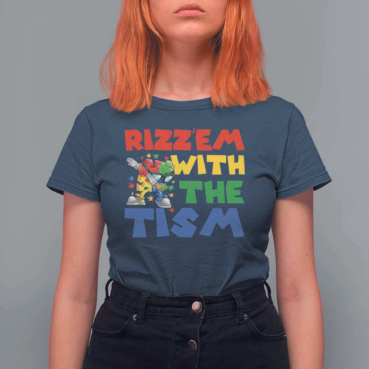 Funny Rizz Em With The Tism T Shirt For Women Autism Awareness Dabbing Puzzle
