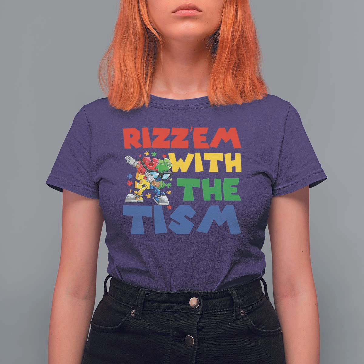 Funny Rizz Em With The Tism T Shirt For Women Autism Awareness Dabbing Puzzle