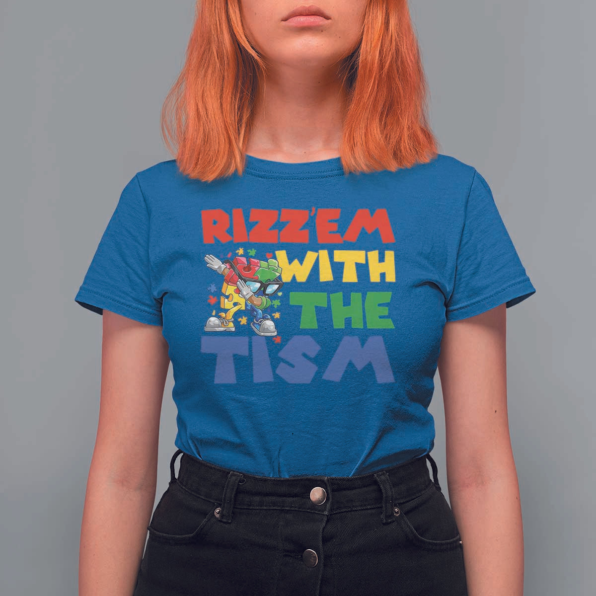 Funny Rizz Em With The Tism T Shirt For Women Autism Awareness Dabbing Puzzle