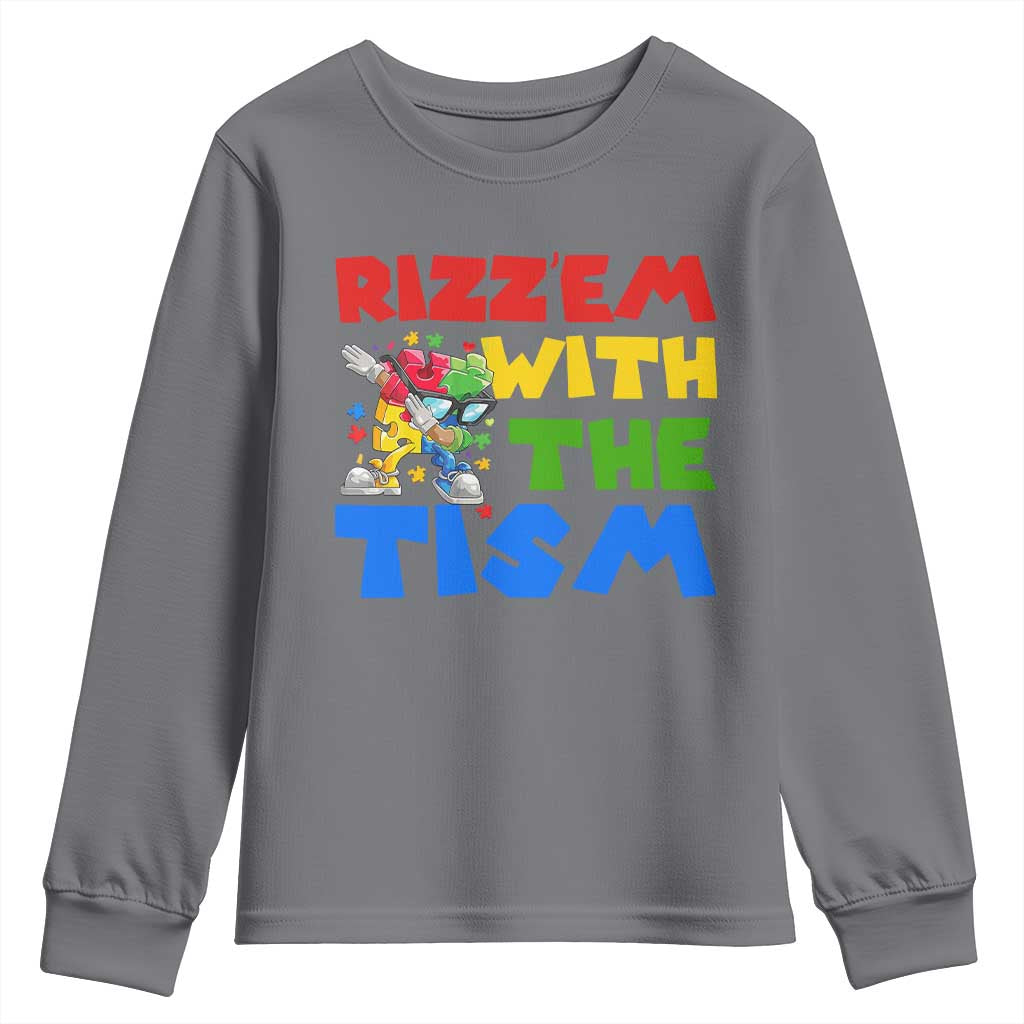 Funny Rizz Em With The Tism Youth Sweatshirt Autism Awareness Dabbing Puzzle