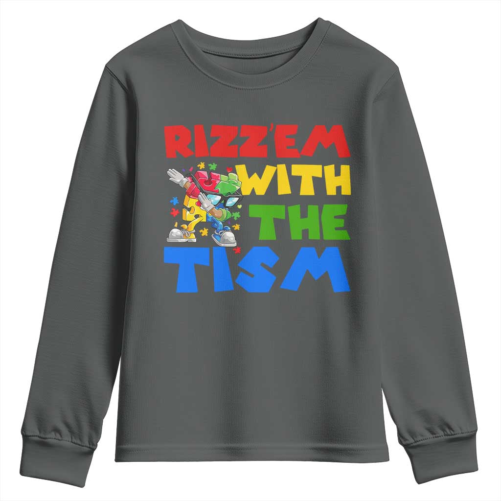 Funny Rizz Em With The Tism Youth Sweatshirt Autism Awareness Dabbing Puzzle