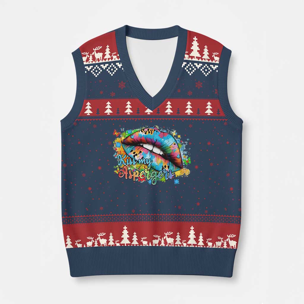 Funny Kiss My Aspergers V-Neck Knit Sweater Vest Asperger Syndrome Autism Awareness