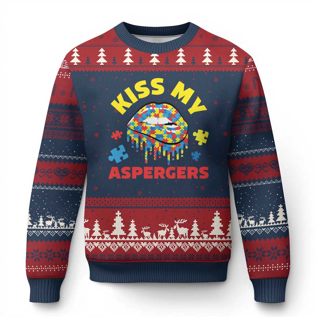 Funny Kiss My Aspergers Ugly Christmas Sweater Asperger Syndrome Autism Awareness Puzzle Lips