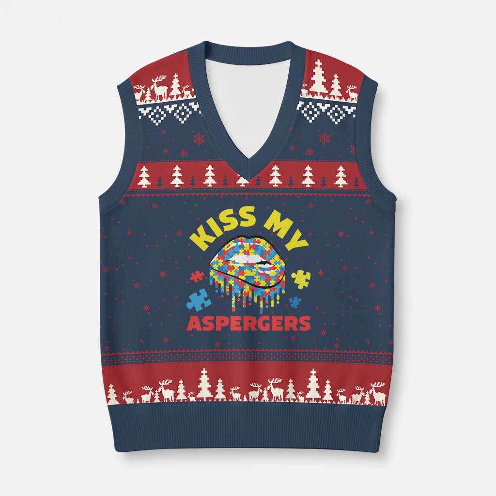 Funny Kiss My Aspergers V-Neck Knit Sweater Vest Asperger Syndrome Autism Awareness Puzzle Lips