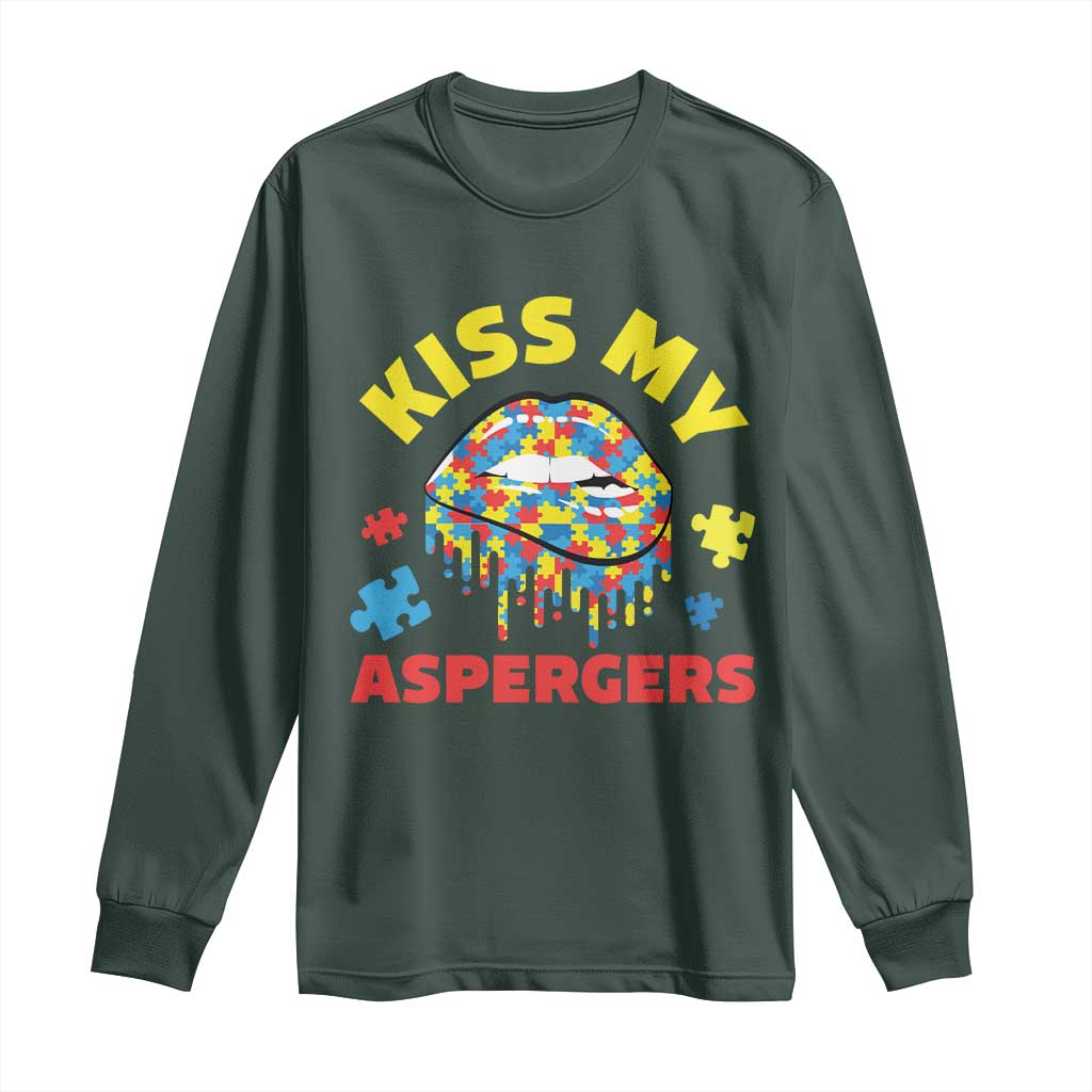 Funny Kiss My Aspergers Long Sleeve Shirt Asperger Syndrome Autism Awareness Puzzle Lips