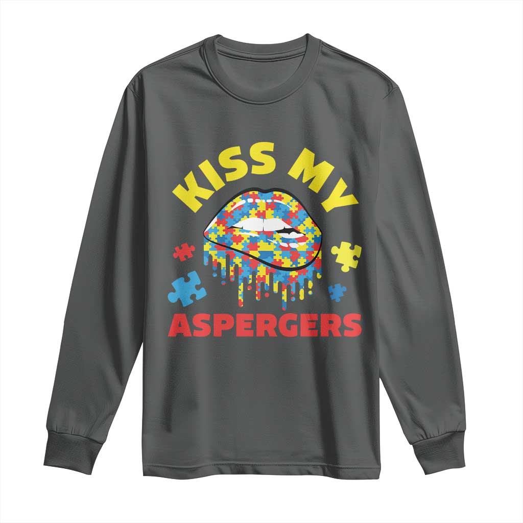Funny Kiss My Aspergers Long Sleeve Shirt Asperger Syndrome Autism Awareness Puzzle Lips