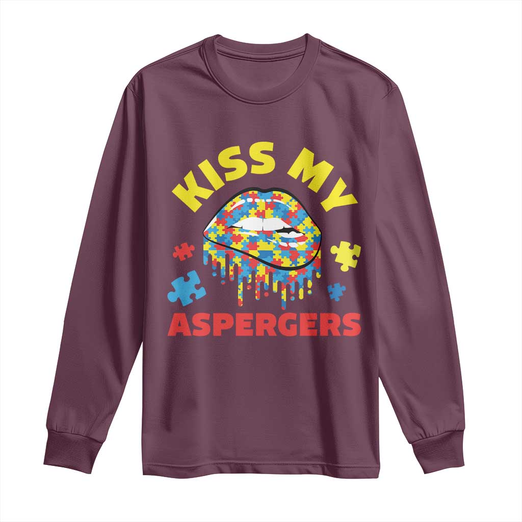 Funny Kiss My Aspergers Long Sleeve Shirt Asperger Syndrome Autism Awareness Puzzle Lips