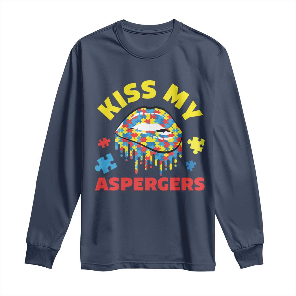 Funny Kiss My Aspergers Long Sleeve Shirt Asperger Syndrome Autism Awareness Puzzle Lips
